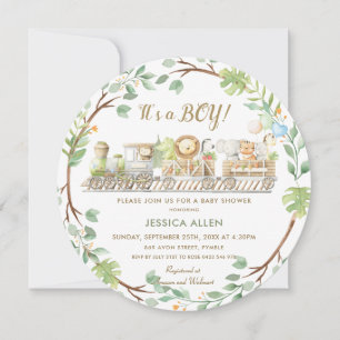 Invitation Cute Jungle Animaux Train Baby shower de verdure 