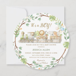 Invitation Cute Jungle Animaux Train Baby shower verdoyant