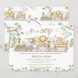 Invitation Cute Jungle Animaux Train Baby shower verdoyant