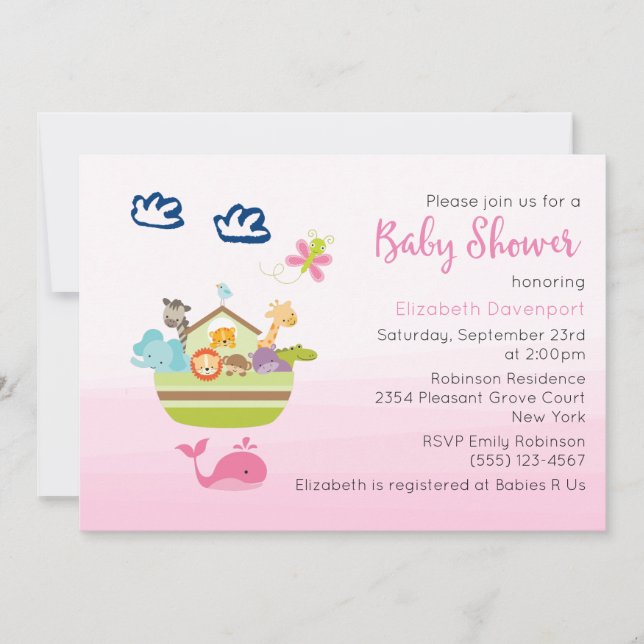 Invitation Cute Jungle Baby shower d'arche animal rose (Devant)