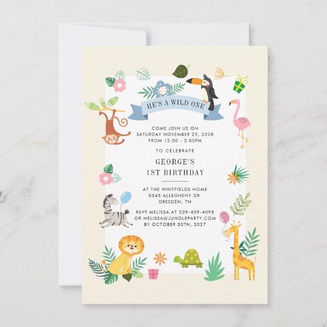 Invitation Cute Jungle Safari Animaux 1er anniversaire (Devant)