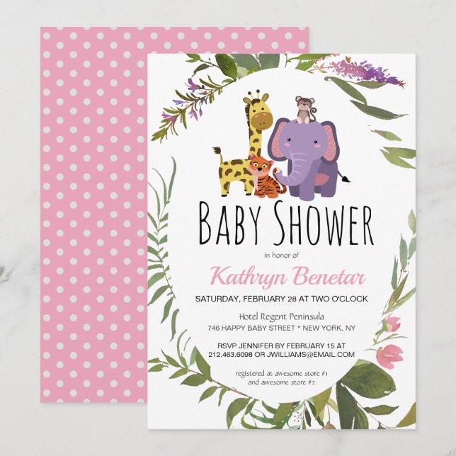 Invitation Cute Jungle Safari Animaux Aquarelle Baby shower (Devant / Derrière)