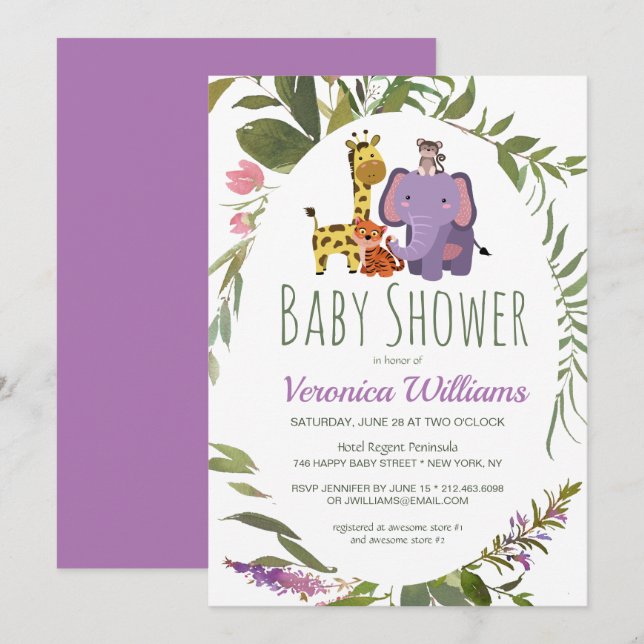 Invitation Cute Jungle Safari Animaux Baby shower violet (Devant / Derrière)
