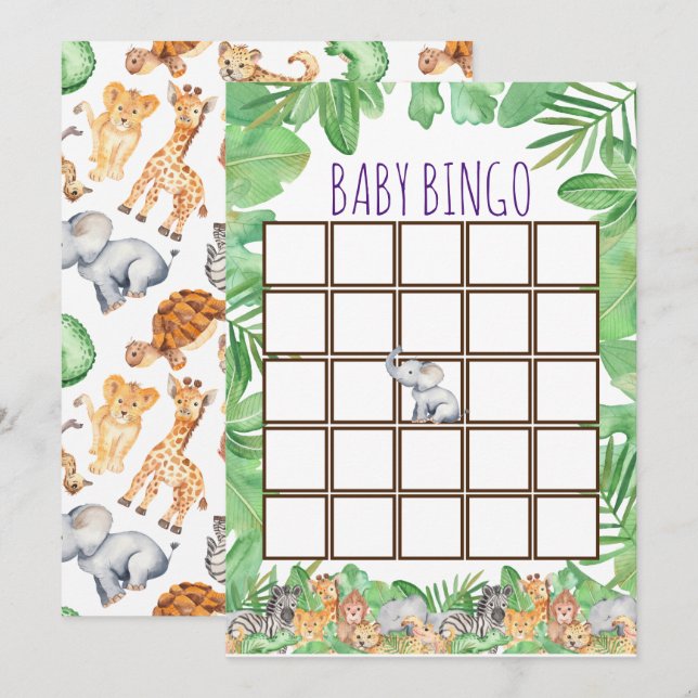 Invitation Cute Jungle Safari Baby shower animal bébé Bingo (Devant / Derrière)