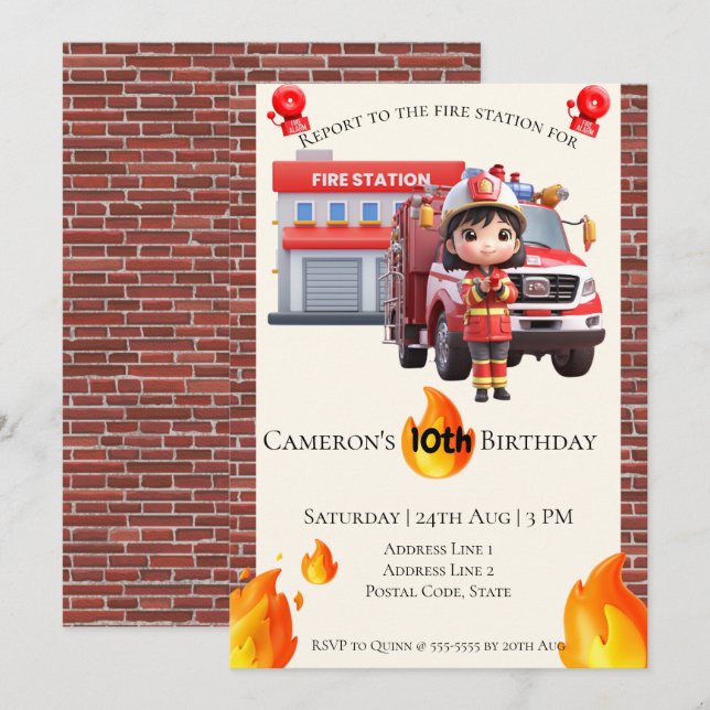 Invitation Cute Kawai Pompier Girl Thème Anniversaire (Devant / Derrière)