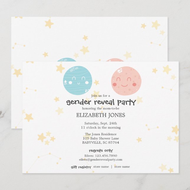 Invitation Cute Kawaii Astronomie Baby Genre Reveal Party (Devant / Derrière)