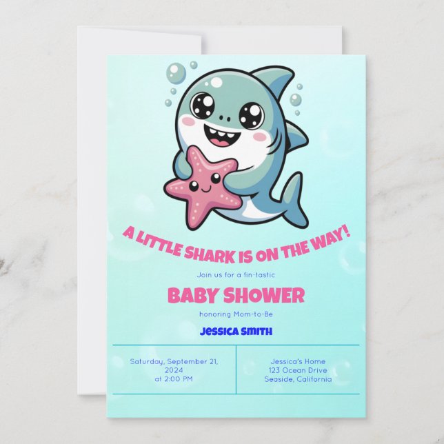 Invitation Cute Kawaii Baby shower requin et Starfish (Devant)