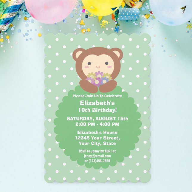 Invitation Cute Kawaii Cartoon Singe & Fleurs Anniversaire de (Créateur téléchargé)