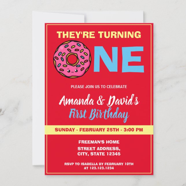 Invitation Cute Kawaii Donut Red Joint Twin 1er anniversaire (Devant)
