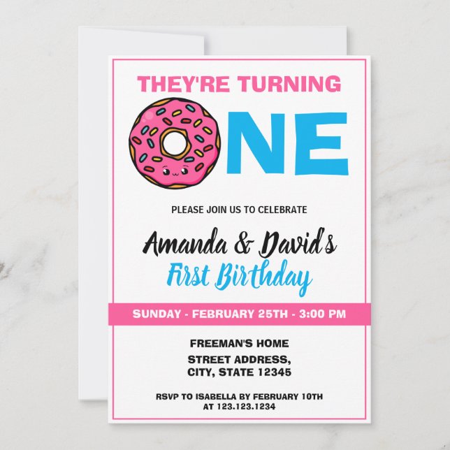 Invitation Cute Kawaii Donut White Joint Twin 1er anniversair (Devant)