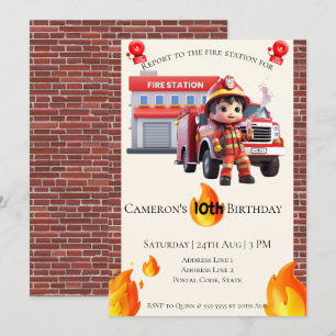 Invitation Cute Kawaii Fire Fighter Boy Anniversaire