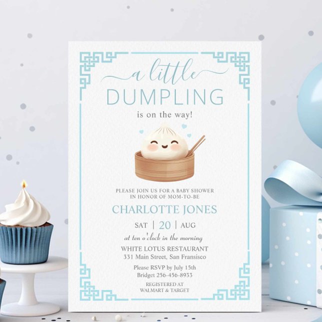 Invitation Cute Kawaii Little Dumpling Bun Baby shower bleu (Créateur téléchargé)