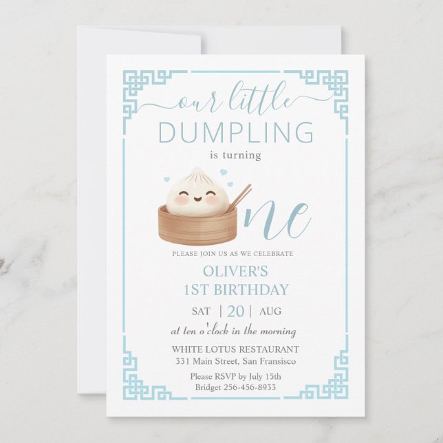 Invitation Cute Kawaii Little Dumpling Bun Blue 1er anniversa (Devant)