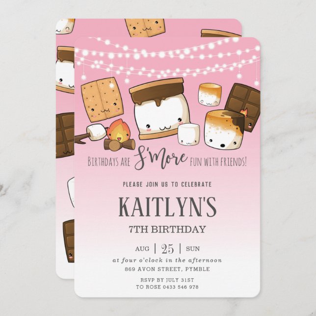 Invitation Cute Kawaii S'mores Camping Bonfire Anniversaire (Devant / Derrière)