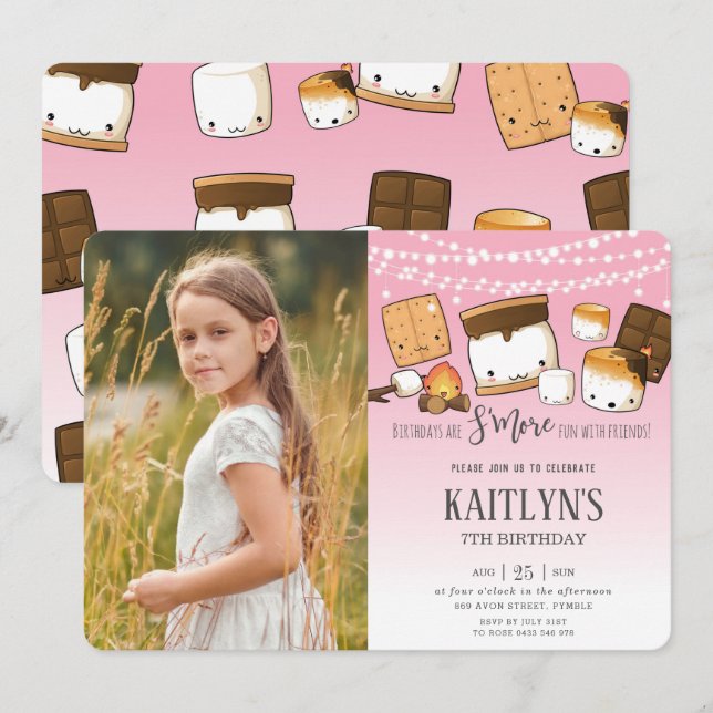 Invitation Cute Kawaii S'mores Camping Bonfire Photo Annivers (Devant / Derrière)