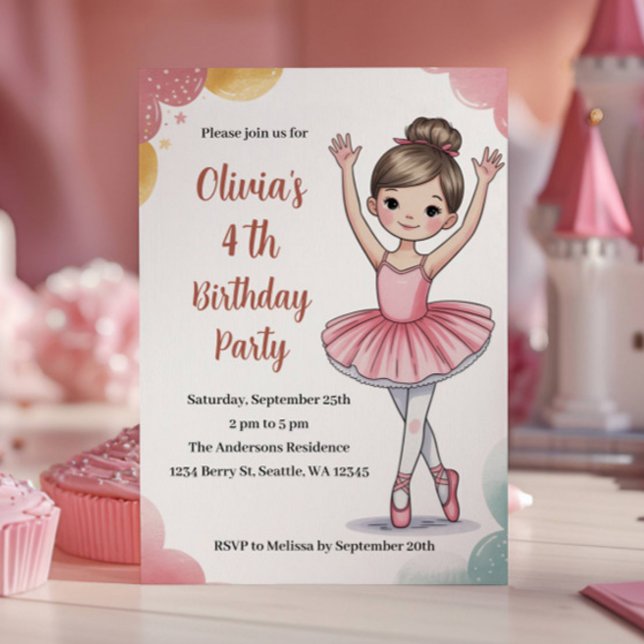 Invitation Cute Kids Ballerina 4e fête d'anniversaire (Créateur téléchargé)