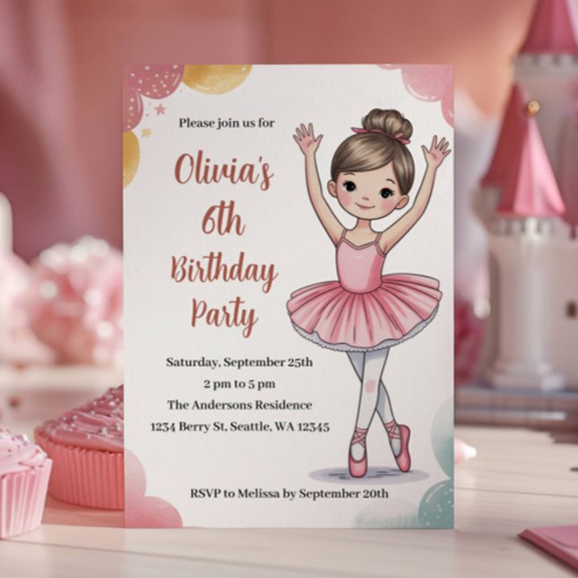 Invitation Cute Kids Ballerina 6e fête d'anniversaire (Créateur téléchargé)
