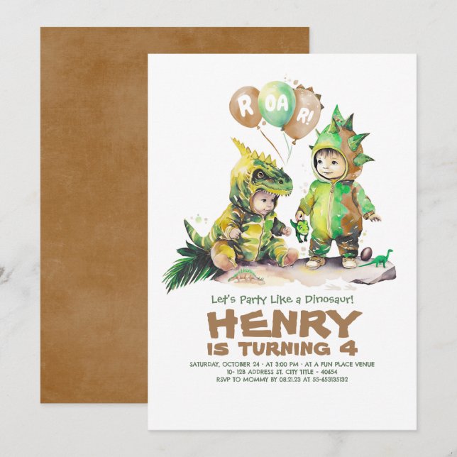 Invitation Cute Kids Dinosaur Anniversaire Vert et Brown (Devant / Derrière)