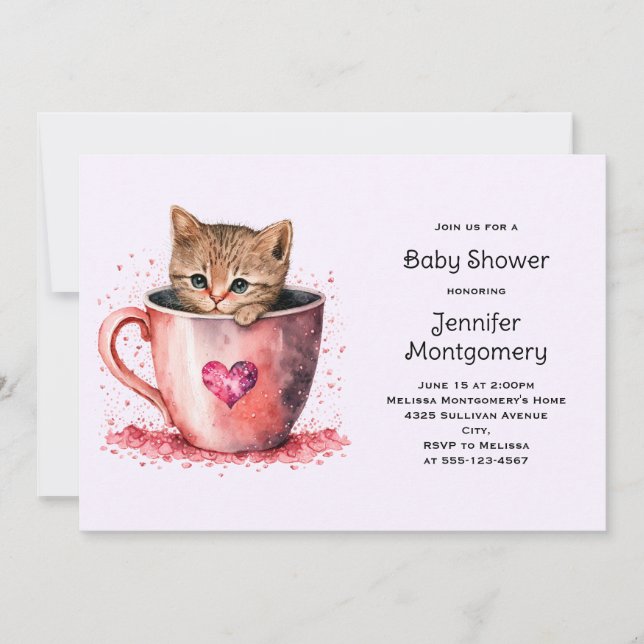 Invitation Cute Kitten Brown dans un Baby shower Teacup (Devant)