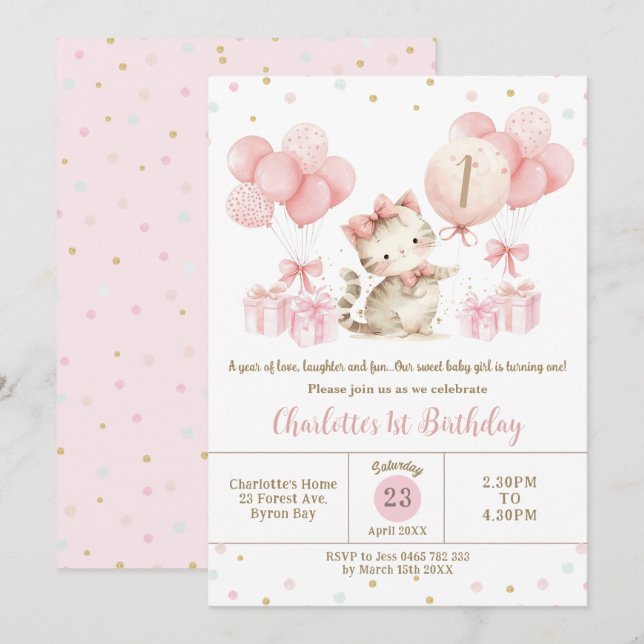 Invitation Cute Kitten Chat Ballons roses 1er 2e 3e anniversa (Devant / Derrière)