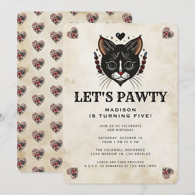 Invitation Cute Kitten Chat Rockabilly Anniversaire de enfant (Devant / Derrière)