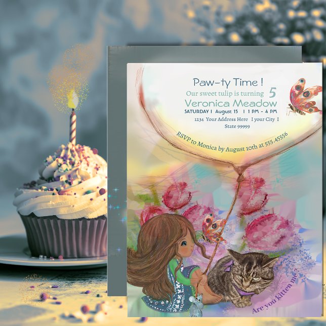 Invitation Cute Kitten Girl tulips Anniversaire (Cute Kitten Girl tulips Birthday Invitation)
