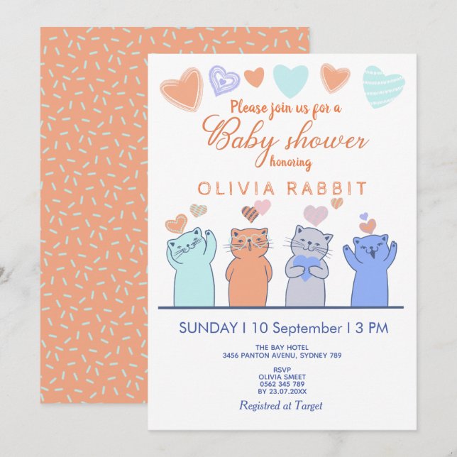 Invitation Cute Kittens Coeurs Baby shower bleu rose (Devant / Derrière)