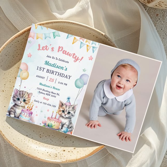 Invitation Cute Kitty Chat 1er Anniversaire Photo (Créateur téléchargé)