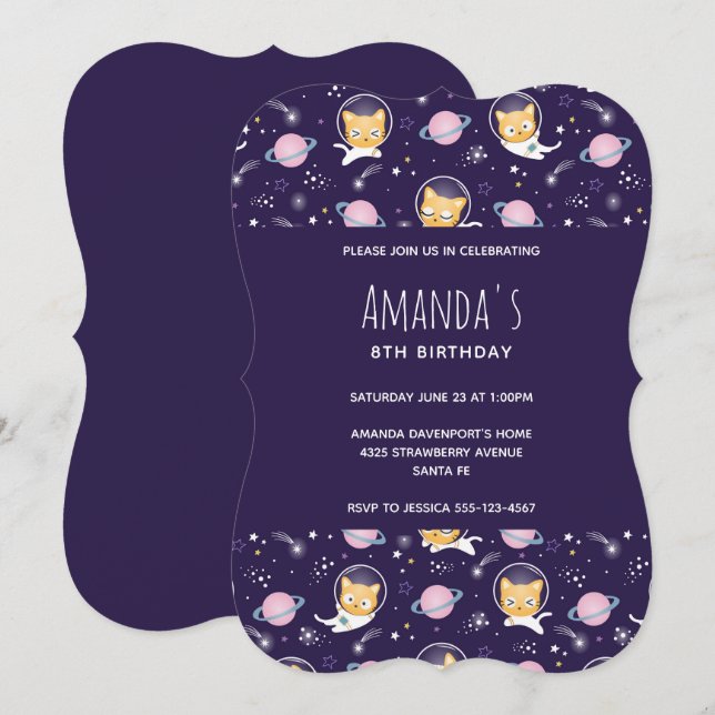Invitation Cute Kitty Chat Astronauts Motif Anniversaire (Devant / Derrière)