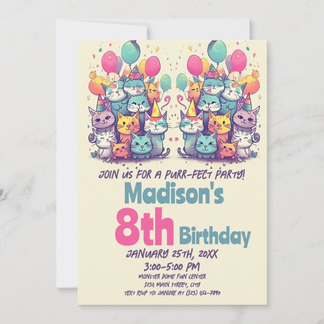Invitation Cute Kitty Chat Purr-Fect Chats de fête Anniversai (Devant)