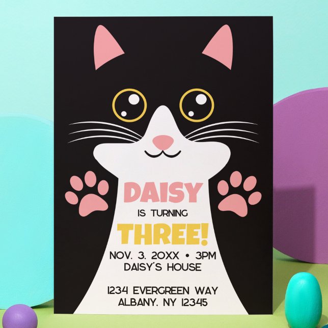 Invitation Cute Kitty Chat Thème Anniversaire de enfant Invit (Cute Kitty Cat kid's birthday invitation with custom details. Oversized cat face with cute paw print)