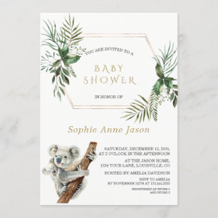 Invitation Cute Koala Aquarelle Verdure Baby shower Or
