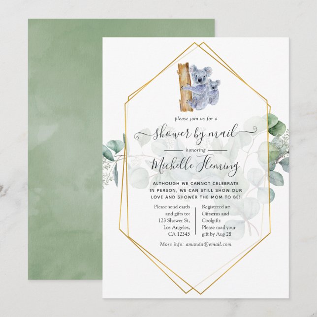 Invitation Cute Koala Bear Eucalyptus Baby shower par courrie (Devant / Derrière)