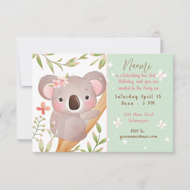 Invitation Cute Koala Fête d'anniversaire enfant sur mesure (Devant)