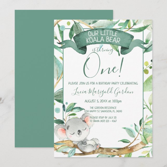 Invitation Cute Koala Green Grey Première fête d'anniversaire (Devant / Derrière)