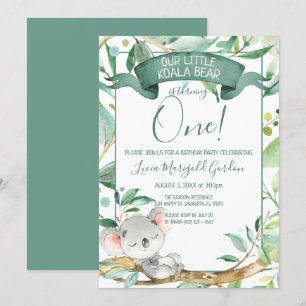 Invitation Cute Koala Green Grey Première fête d'anniversaire