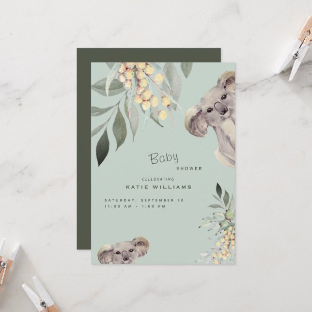 Invitation Cute Koala Monnaie d'ours et Baby shower d'olive (Devant/Arrière en situation)