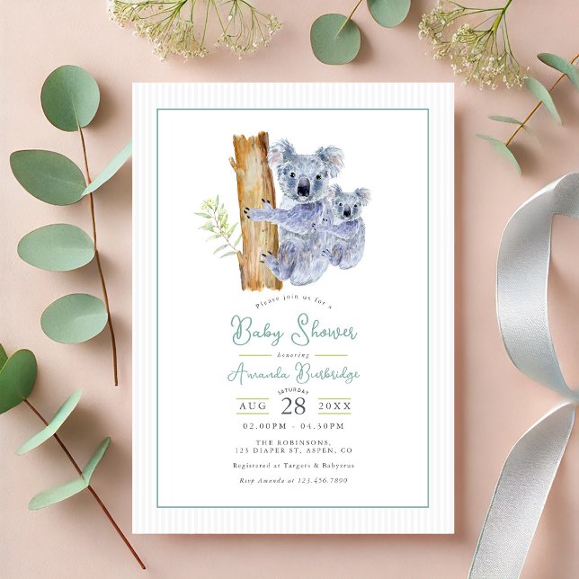 Invitation Cute Koala Oear Eucalyptus Baby shower Feuille (Cute Koala Bear Eucalyptus Leaves Baby Shower Invitation)