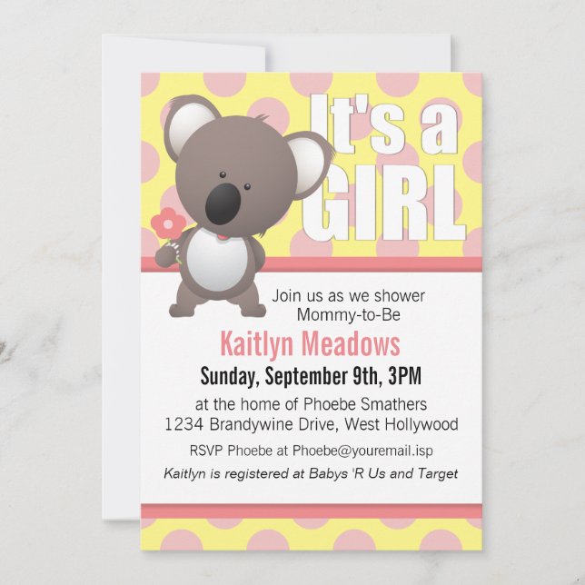 Invitation Cute Koala Oear Pois Baby shower (Devant)