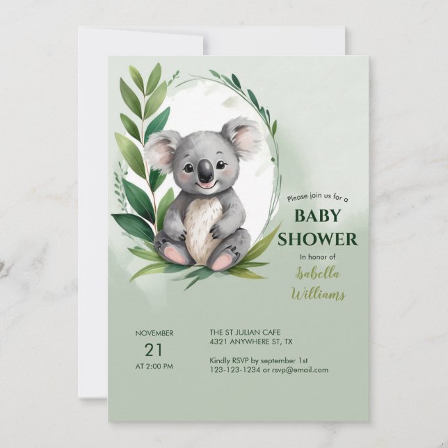 Invitation Cute Koala Ours Aquarelle Baby shower vert (Devant)