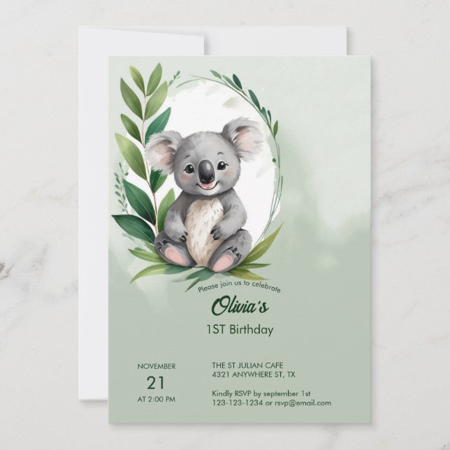 Invitation Cute Koala Ours Aquarelle Vert Anniversaire (Devant)