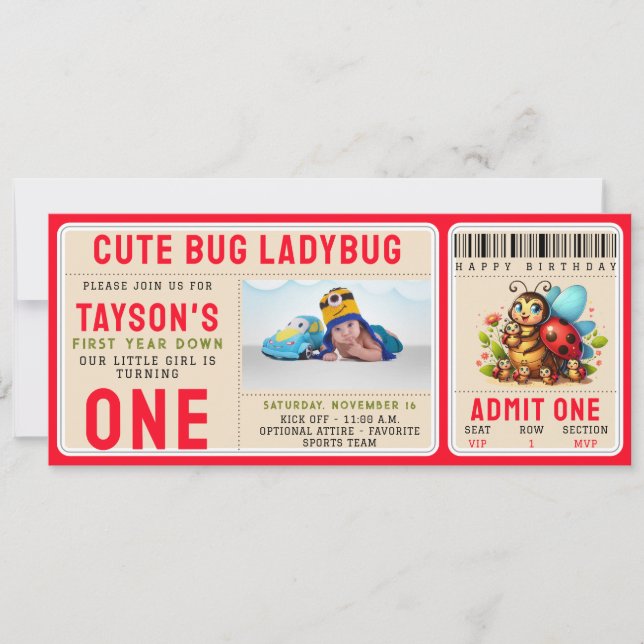 Invitation Cute Ladybug 1er anniversaire | Billet de thème de (Devant)