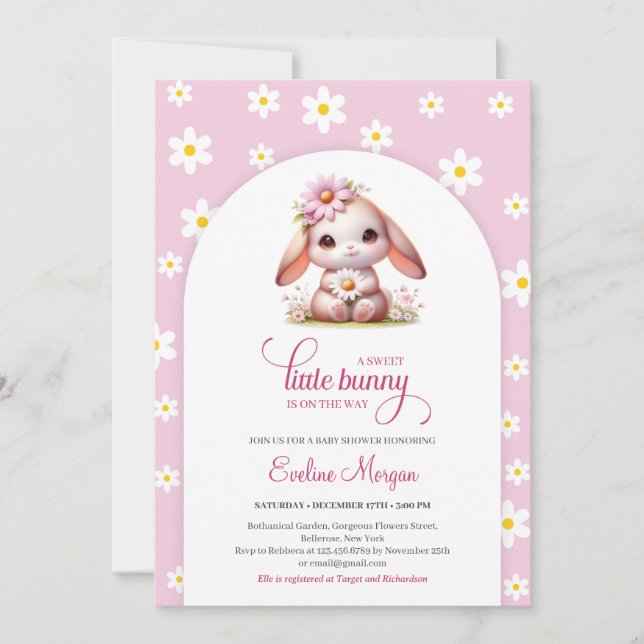 Invitation Cute lapin doux pastel rose pâle marguerite blanch (Devant)