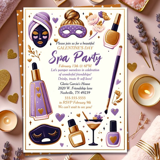 Invitation Cute Lavender et Gold Galentine's Day Spa Party (Cute Lavender and Gold Galentine's Day Spa Party Invitation)