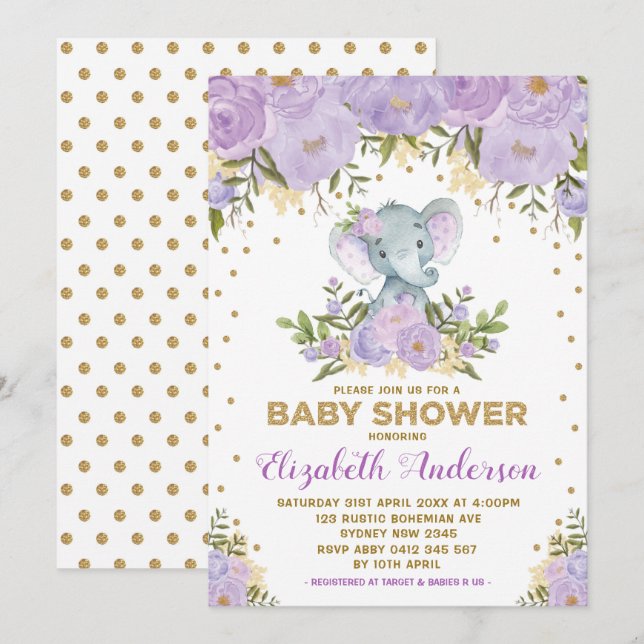 Invitation Cute Lavender Gold Floral Elephant Baby shower (Devant / Derrière)