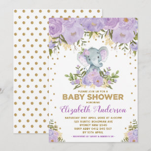 Invitation Cute Lavender Gold Floral Elephant Baby shower