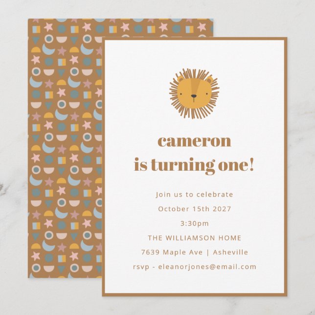 Invitation Cute Lion Bébé Enfants Animaux 1er anniversaire fê (Devant / Derrière)