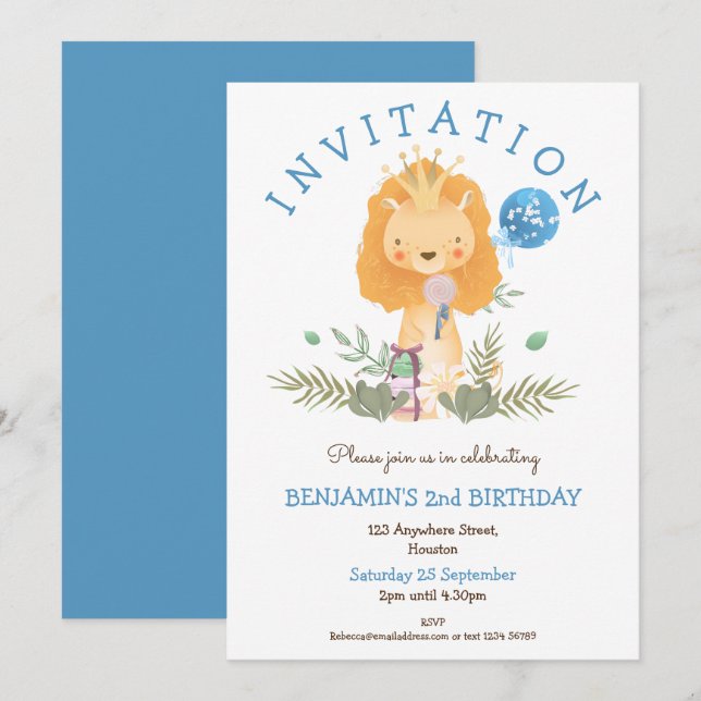 Invitation Cute Lion Feuilles de la Couronne garçons 2e fête  (Devant / Derrière)