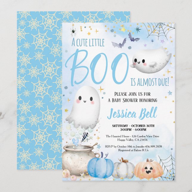 Invitation Cute Little Boo Halloween Baby shower garçon bleu (Devant / Derrière)