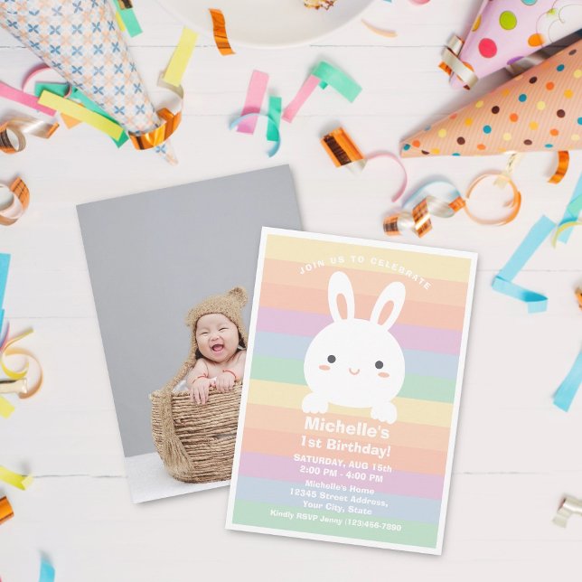 Invitation Cute Little Bunny Rainbow Baby 1er Anniversaire Ph (Créateur téléchargé)